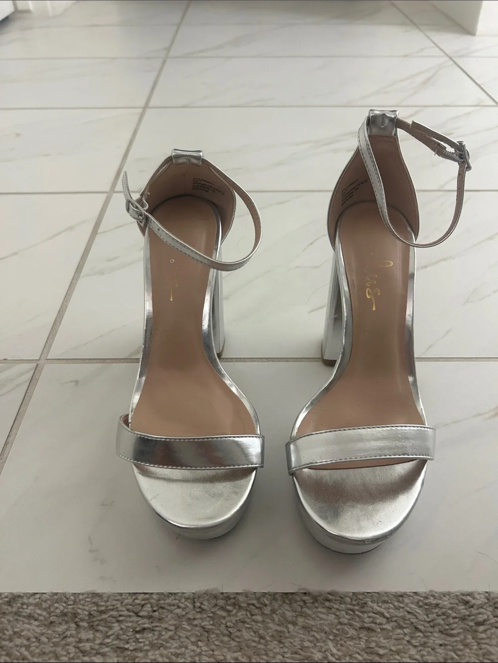 Lulu's Silver Metallic Block Heel Sandals with Ankle Strap